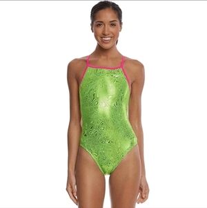 TYR The Finals Women Gatsby Wingback Swimsuit Neon Green - Size 34 NEW